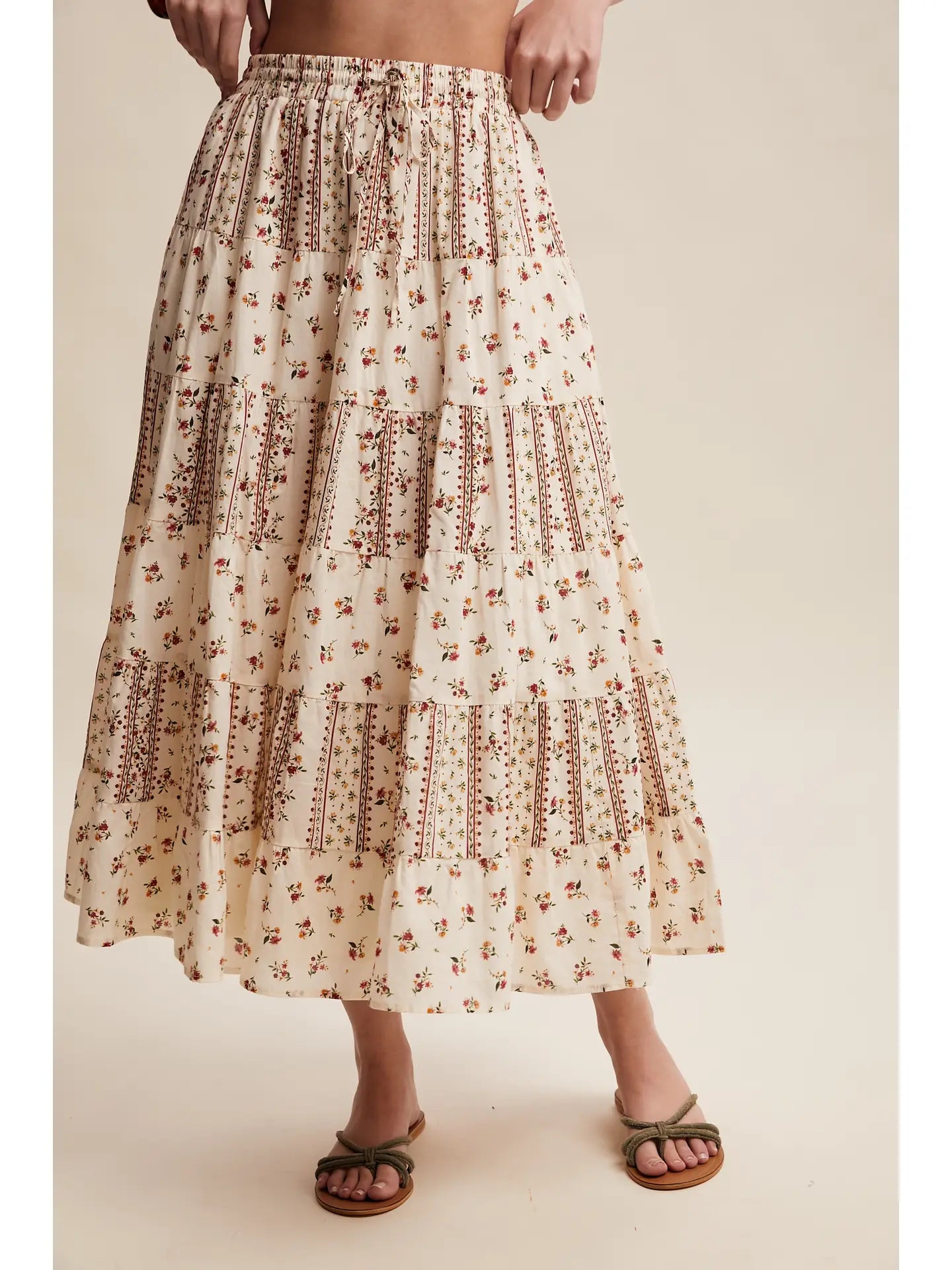 Floral Mixed Print Tiered Maxi Skirt