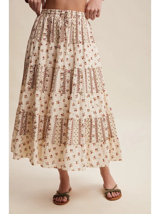 Floral Mixed Print Tiered Maxi Skirt