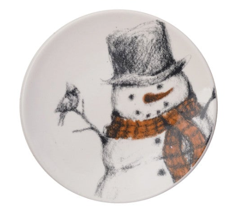 5" Round Stoneware Dish with Snowman & Bird Image, 4 Styles ©