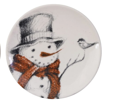 5" Round Stoneware Dish with Snowman & Bird Image, 4 Styles ©