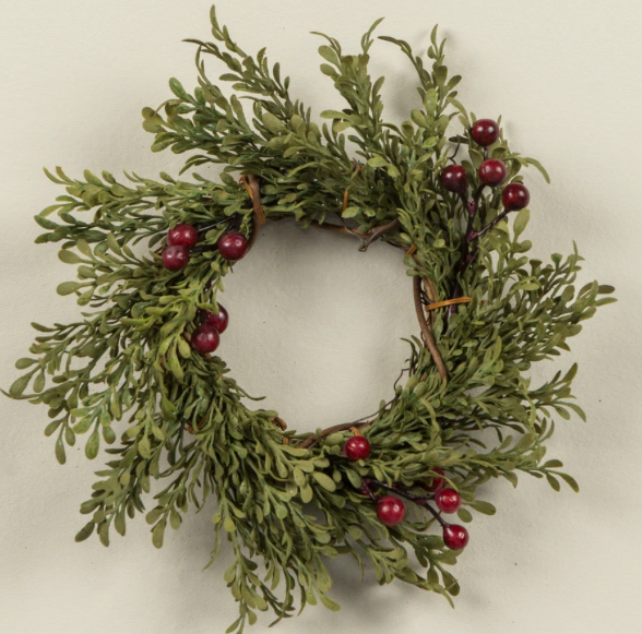 7" MINI LEAF TAPER CANDLE RING W/ BURGUNDY BERRIES