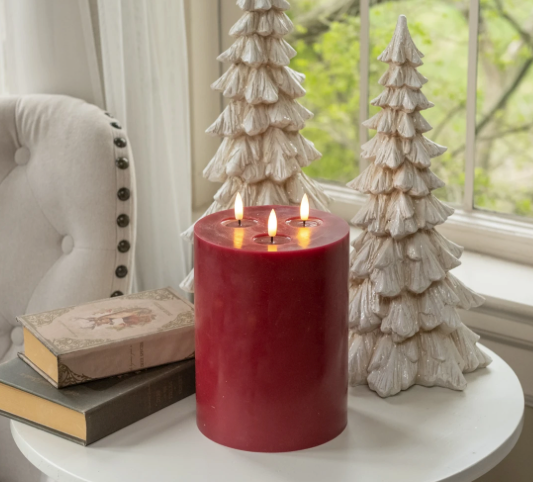 9" Red 3 Wick 3D Flame Candle