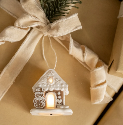 Light Up Gingerbread House with Snowman Ornament