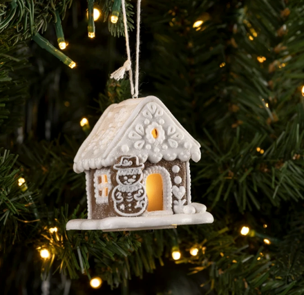 Light Up Gingerbread House with Snowman Ornament