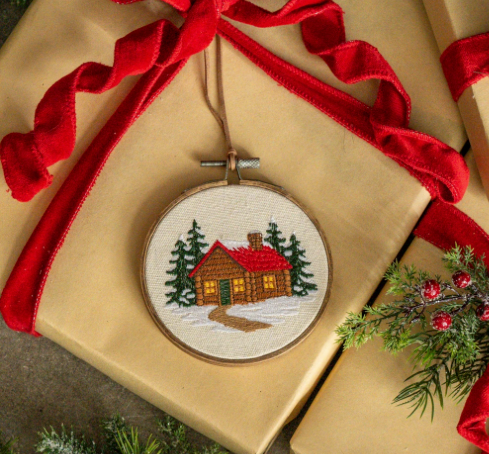 5" Winter Cabin Embroidered Ornament