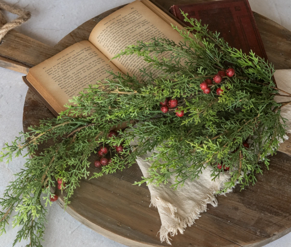 27" Soft Cedar & Red Berry Hanging Bush