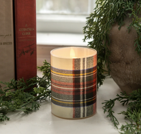 White Tartan 3D Flame Glass Candle