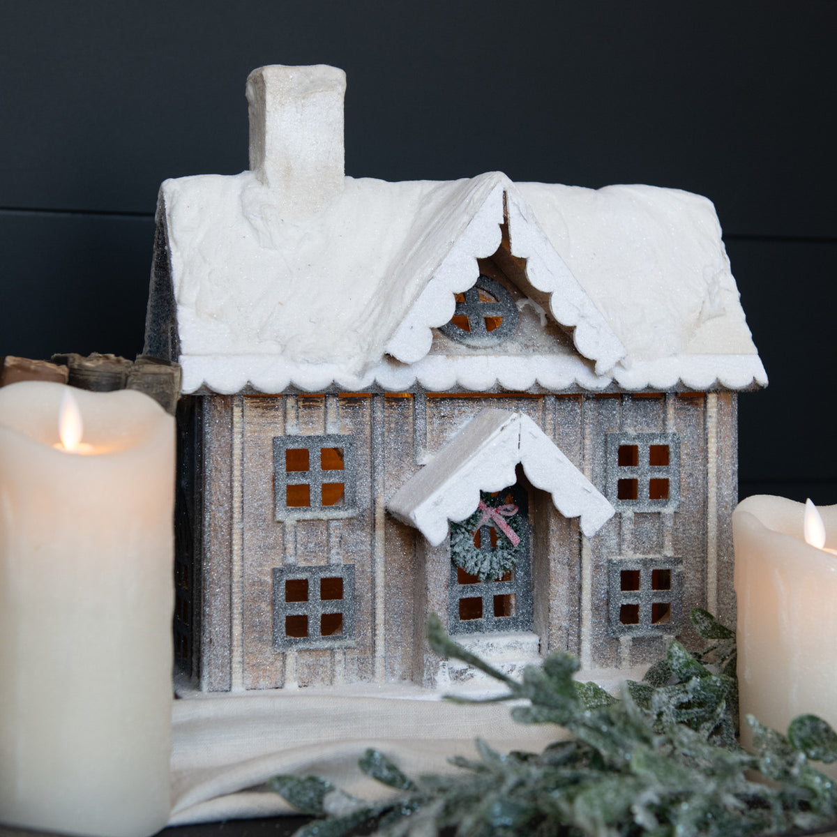 13.5" Snowy Lighted Wood House