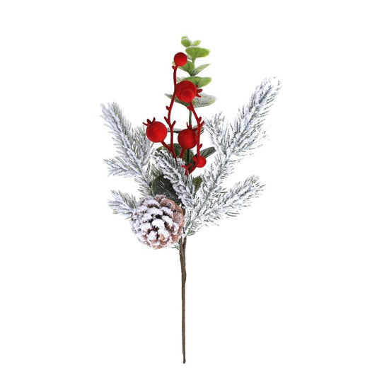 15" Snowy Pine Pick with Red Berries