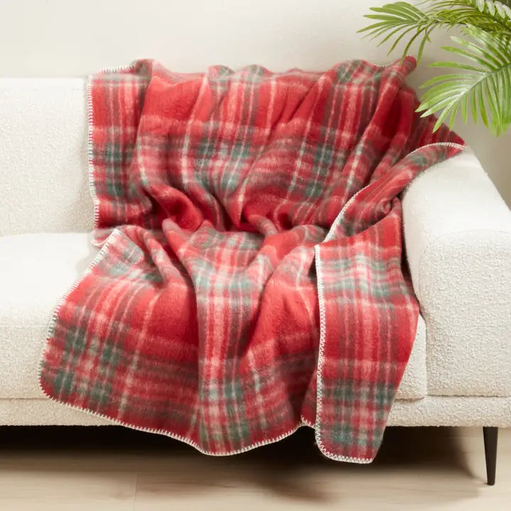 Red Plaid Faux Mohair Throw