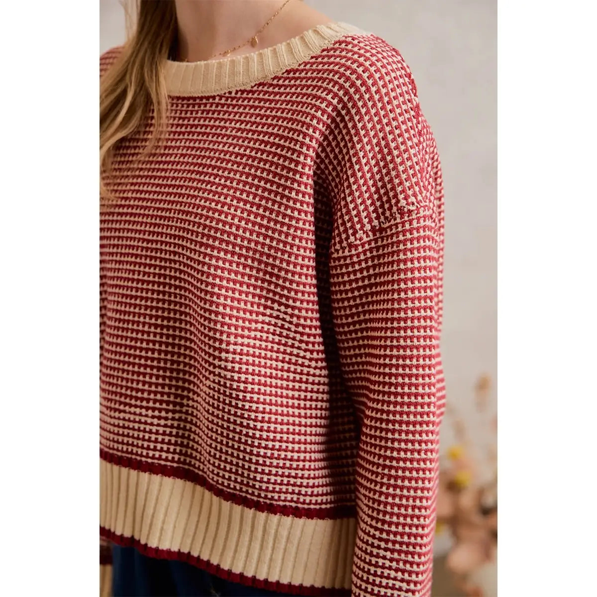 Red Textured Crew Neck Sweater