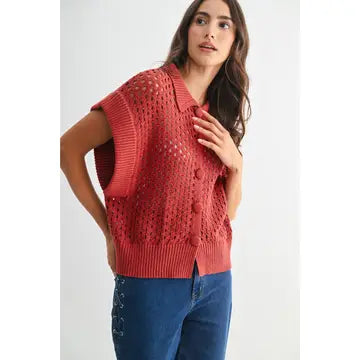 Open-Knit Button Front Cardigan Vest