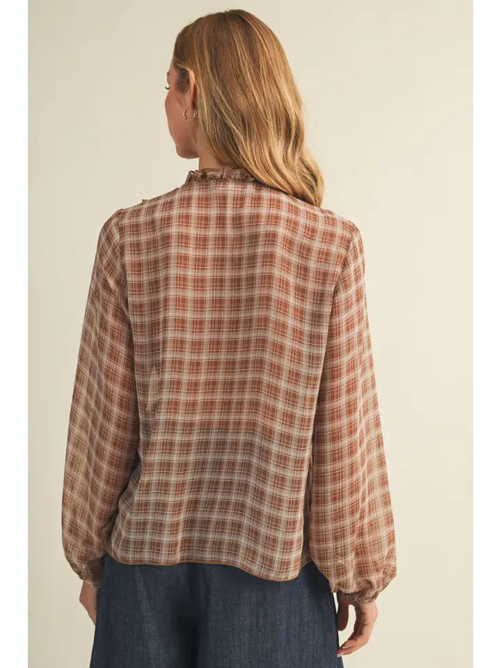 Ruffle Cascade Plaid Georgette Blouse