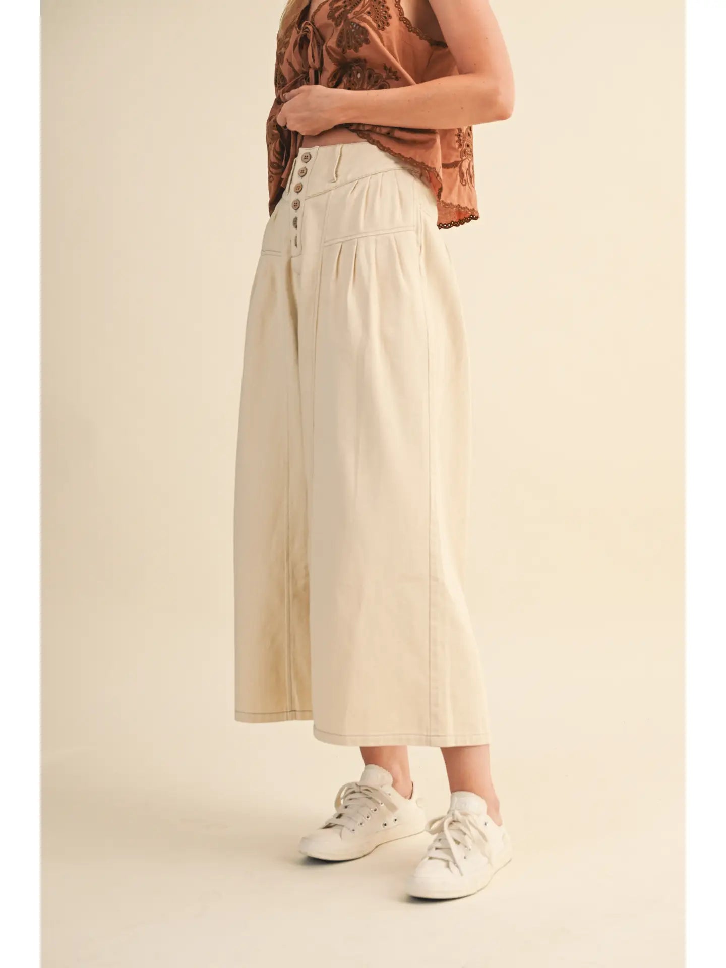 Cotton Twill High Waist Cropped Wide Leg Pants