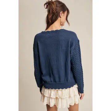 Floral Embroidered Cable Knit Sweater Blue