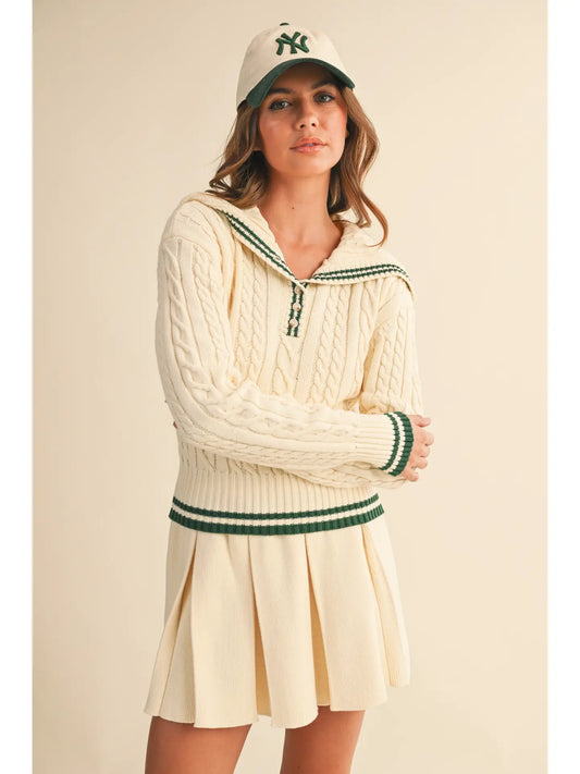 Cable Knit Collard Sweater Top and Pleated Skirt