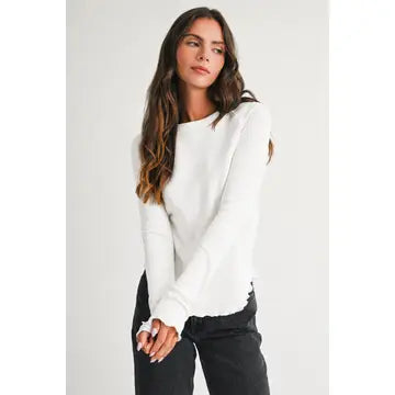 White Thermal Knit Lettuce Edge Top