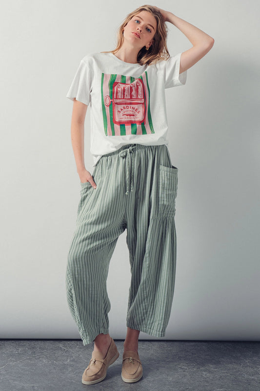 Striped Cotton Drawstring Harem Pants