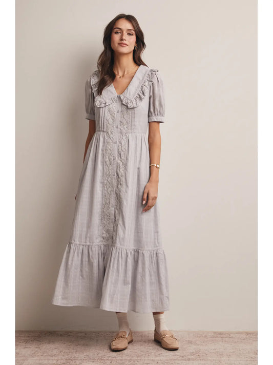 Embroidered Ruffle Collared Maxi Dress