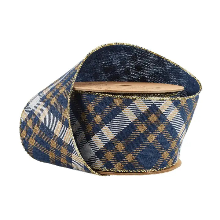2.5" Blue & Gold Plaid Wired Edge Ribbon