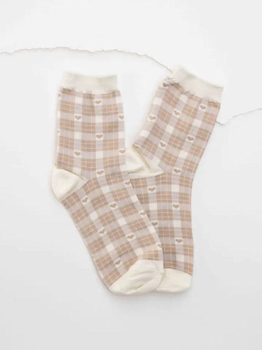 Beige Plaid Heart Socks