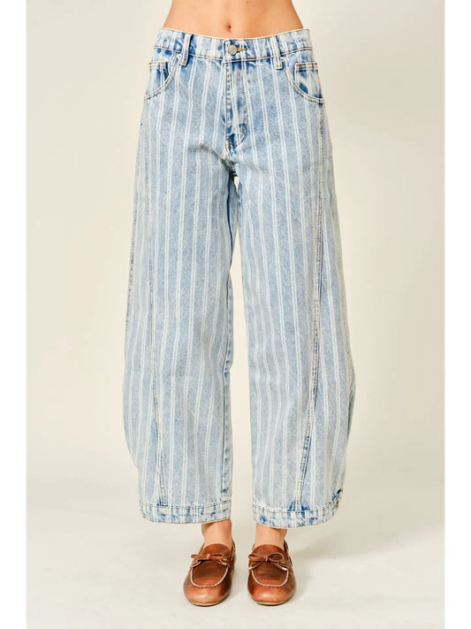 Striped Denim Balloon Washed Jeans