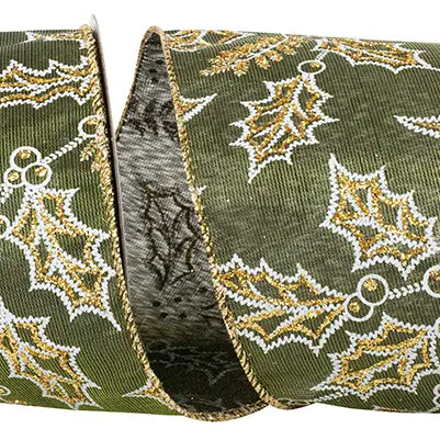 Holly Glitter Wired Edge Ribbon Moss