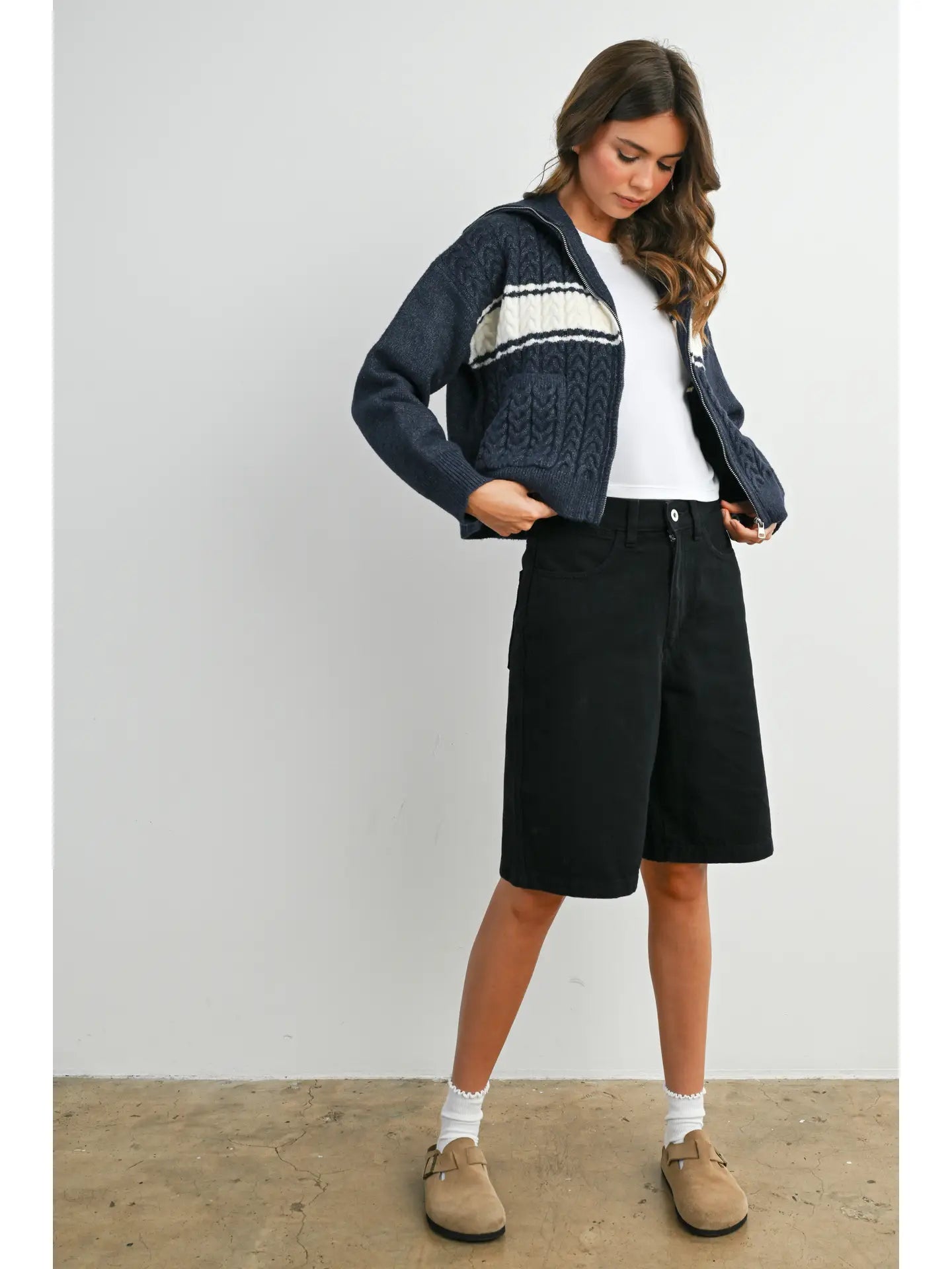 Zip Front Collared Stripe Cardigan