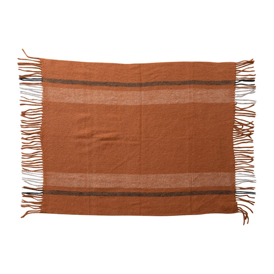 Brushed Acrylic & New Zealand Wool Throw with Stripes & Fringe