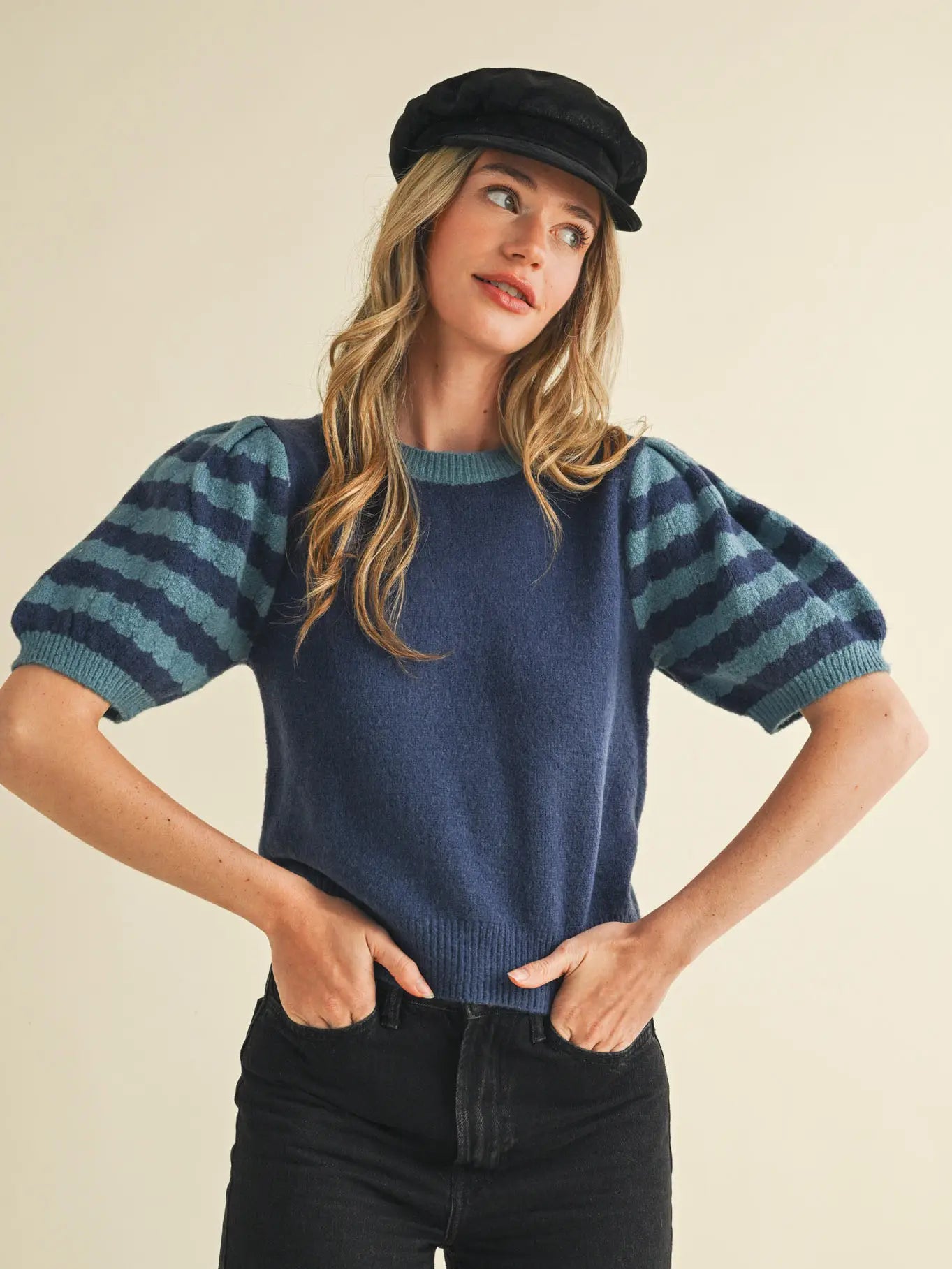 Contrast Stripe Puff Sleeve Sweater