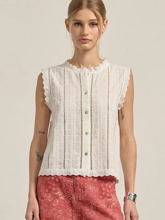Lace Trim Eyelet Button Blouse
