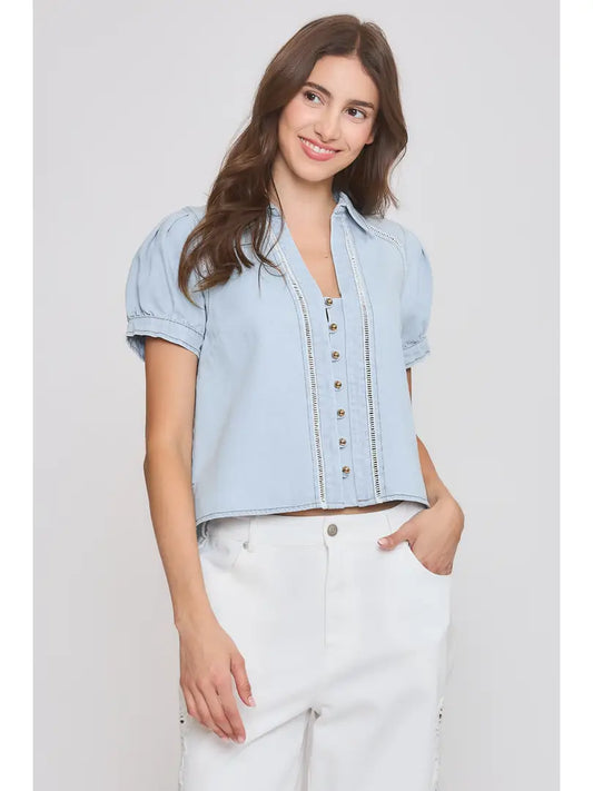 Light Blue Short Sleeve Button-Up Blouse