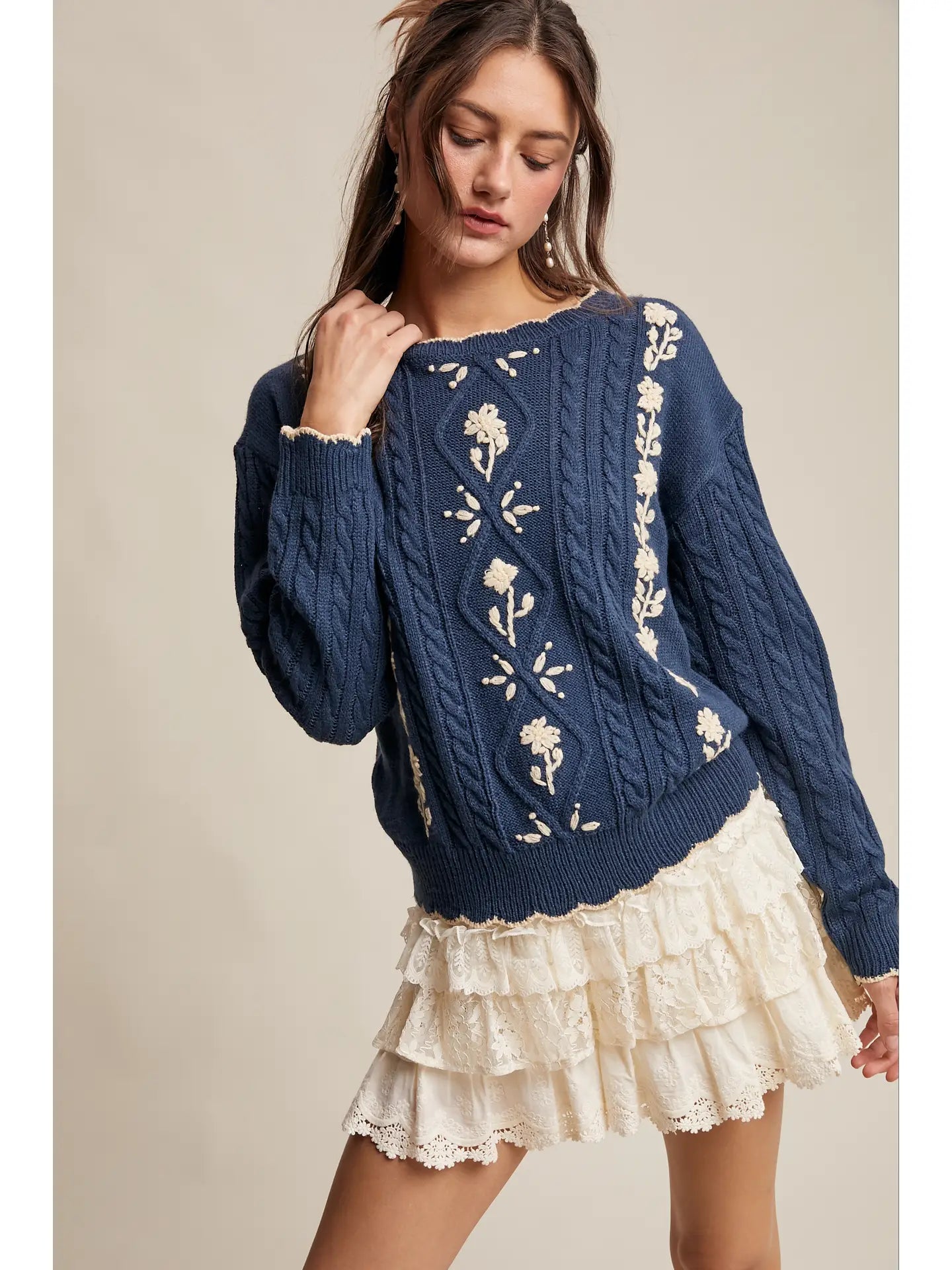 Floral Embroidered Cable Knit Sweater Blue