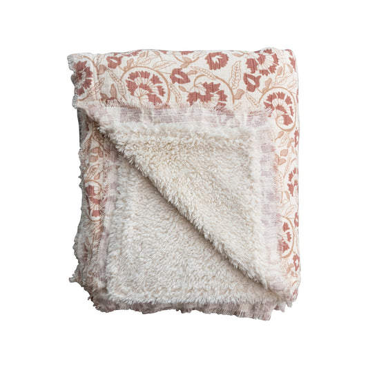 Woven Cotton Printed Throw w/ Sherpa Back