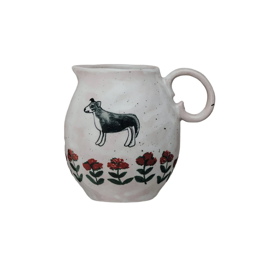 10 oz. Hand-Painted Stoneware Creamer w/ Dog & Flowers – The