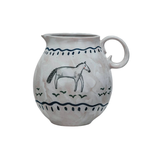 2-1/2 Qt Hand-Painted Stoneware Pitcher w/ Horse