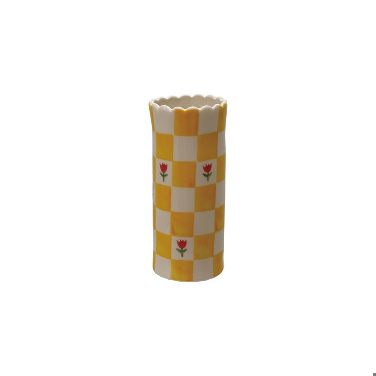 Yellow Check & Flower Scalloped Vase