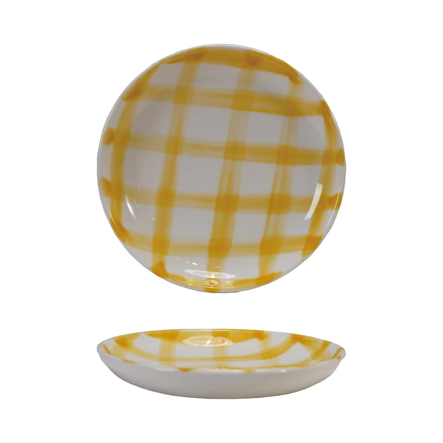 Yellow Hand-Painted Stoneware Dish with Grid Pattern