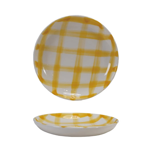 Yellow Hand-Painted Stoneware Dish with Grid Pattern