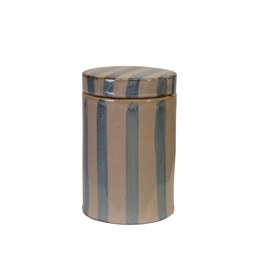 Hand-Painted Stoneware Striped Jar with Lid (Each Will Vary)