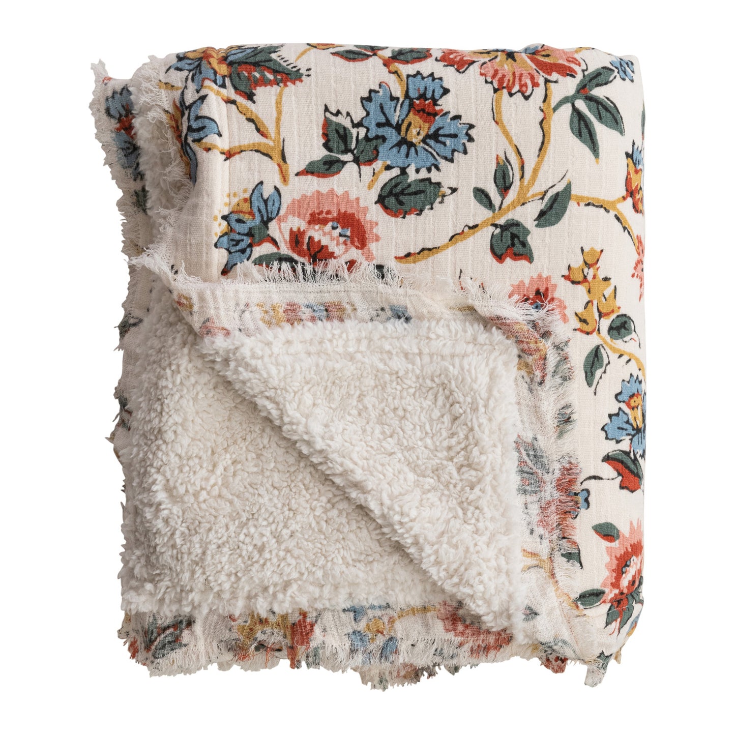 FloralWoven Cotton Printed Throw w/ Sherpa Back