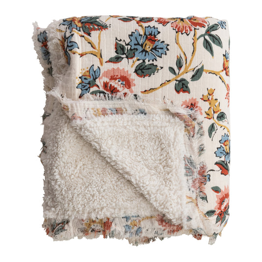 FloralWoven Cotton Printed Throw w/ Sherpa Back