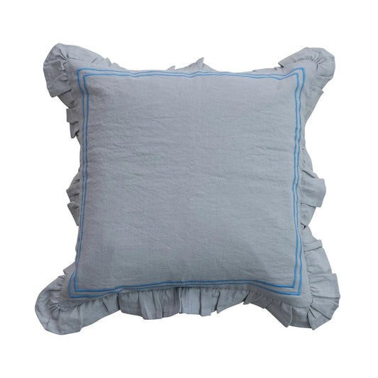 Blue Cotton & Linen Ruffle Pillow