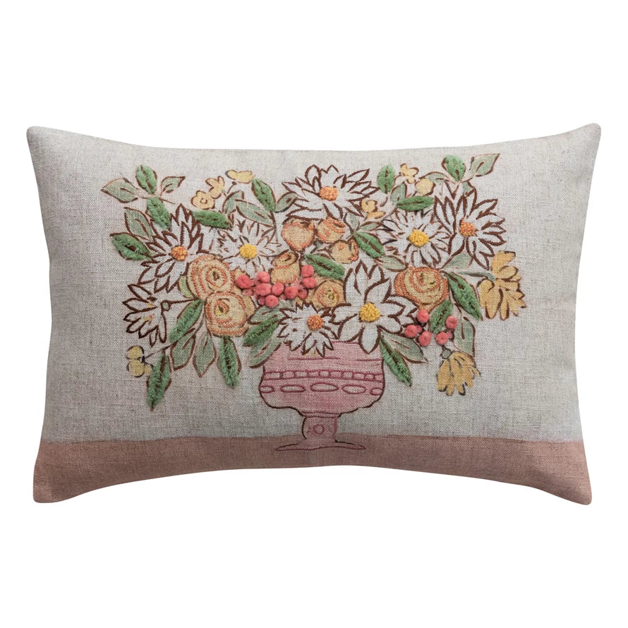 Linen Blend Printed Lumbar Pillow w/ Flowers in Vase