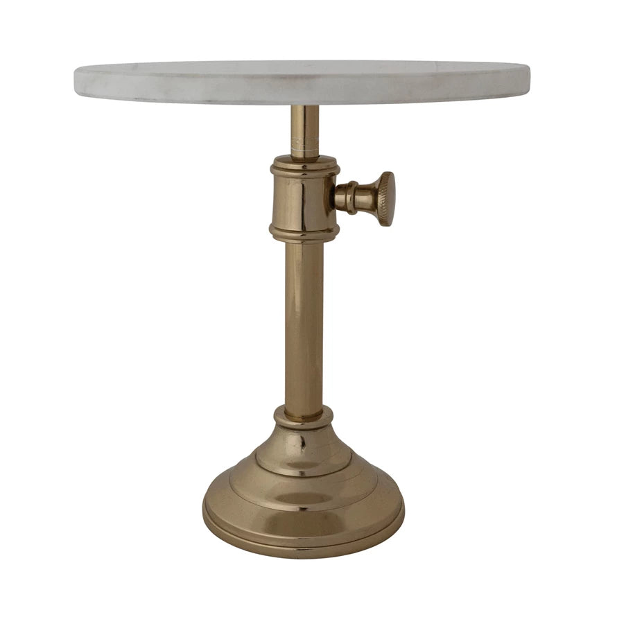 Adjustable Metal Pedestal with Marble Top, Gold Finish & White