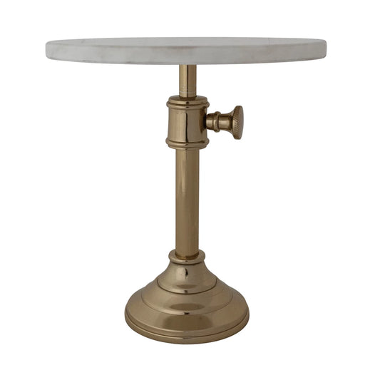Adjustable Metal Pedestal with Marble Top, Gold Finish & White