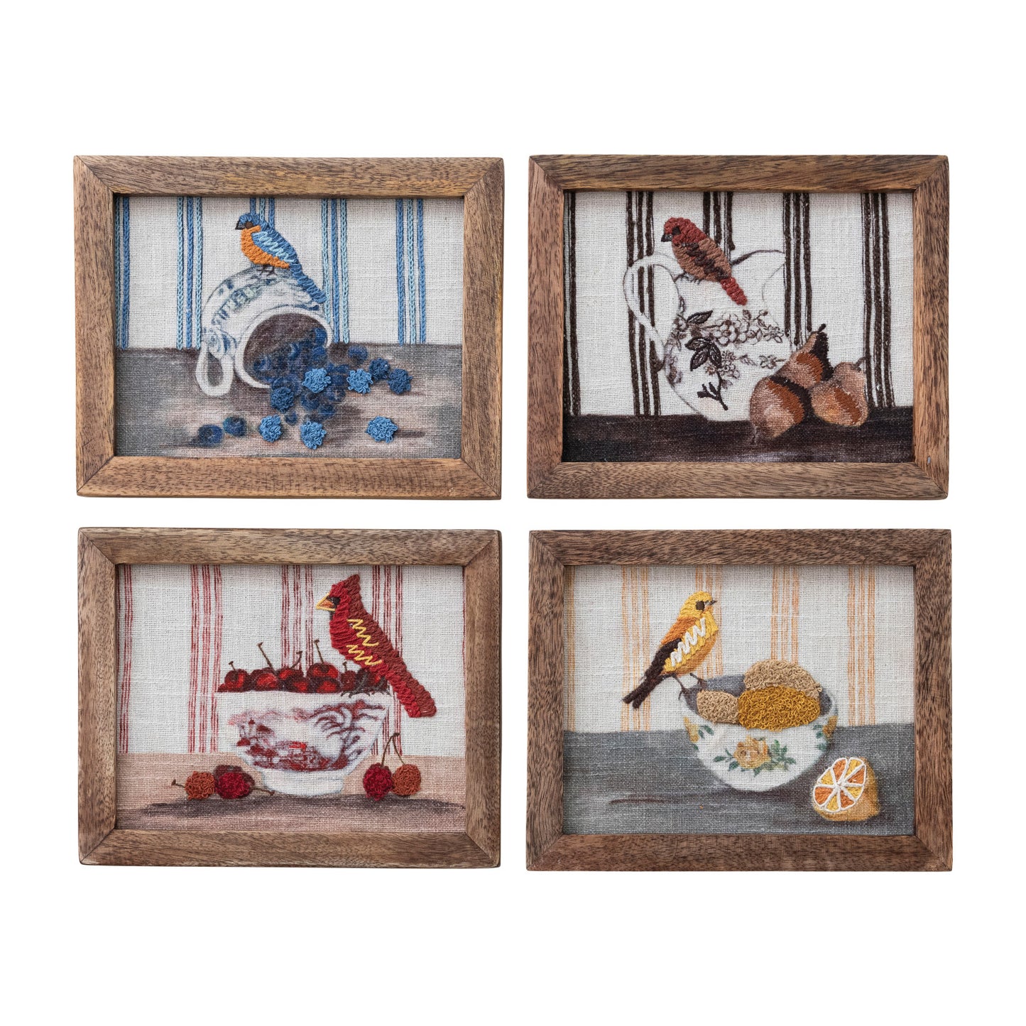 Wood Framed Cotton Embroidered Wall Decor with Bird on Dish