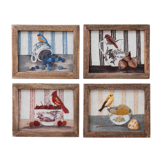 Wood Framed Cotton Embroidered Wall Decor with Bird on Dish