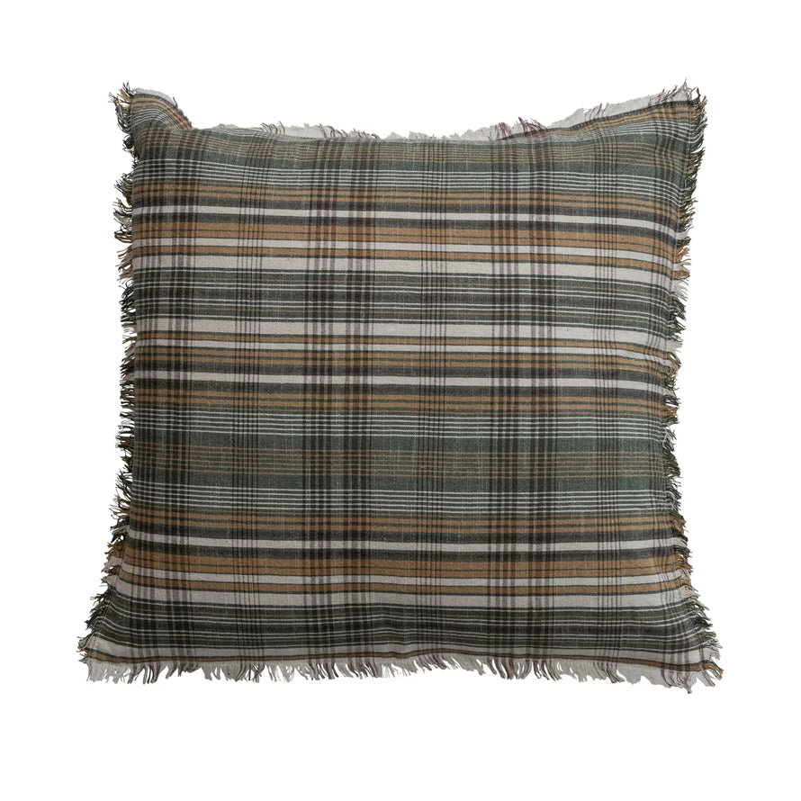 20" Square Woven Linen & Cotton Pillow with Plaid Pattern