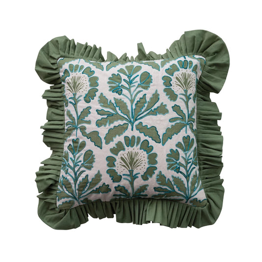 18" Square Cotton Pillow with Floral Pattern, Embroidery & Ruffle